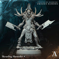 Fantasy figurine of a Skraeling Marauder with axes on a dark background, featuring the A Games .Frostburn Horrors Archvillain Games resin miniature unpaintedlogo.