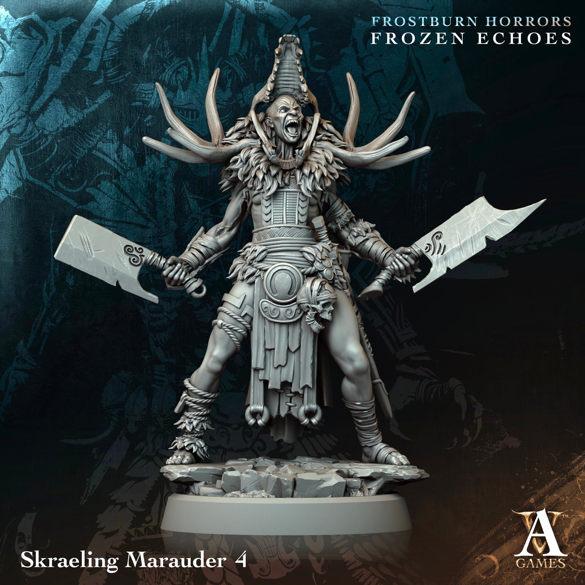 Fantasy figurine of a Skraeling Marauder with axes on a dark background, featuring the A Games .Frostburn Horrors Archvillain Games resin miniature unpaintedlogo.