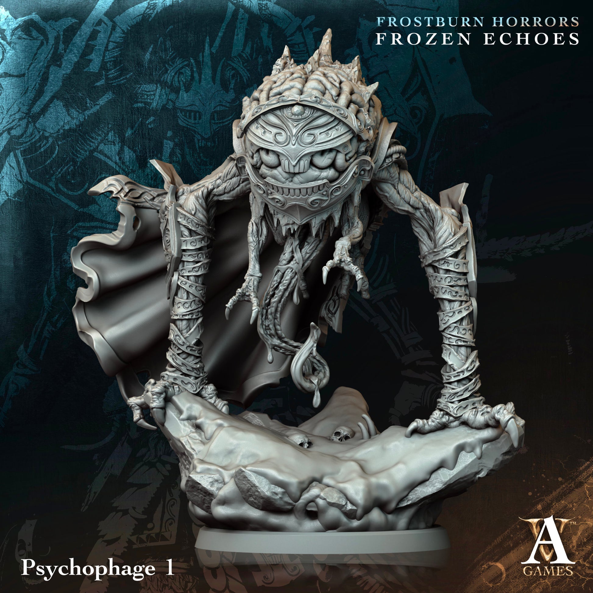 Gothic fantasy figurine with intricate design on a dark background, featuring the brand 'A Games'.Frostburn Horrors Archvillain Games resin miniature unpainted