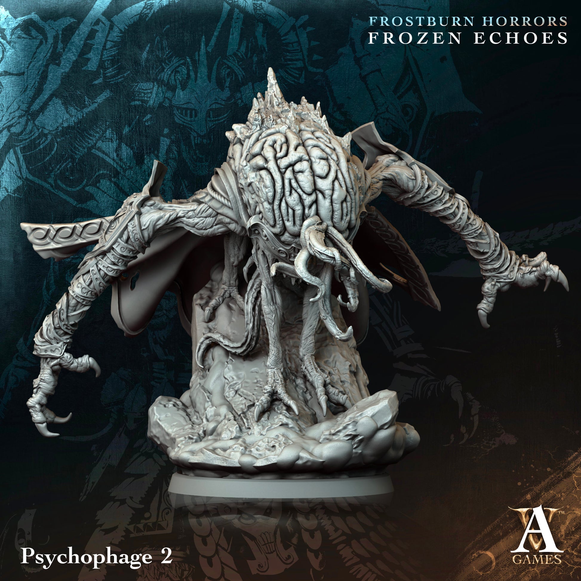 Frostburn Horrors Frozen Echoes Psychophage 2 figurine with intricate design on a dark background.Frostburn Horrors Archvillain Games resin miniature unpainted