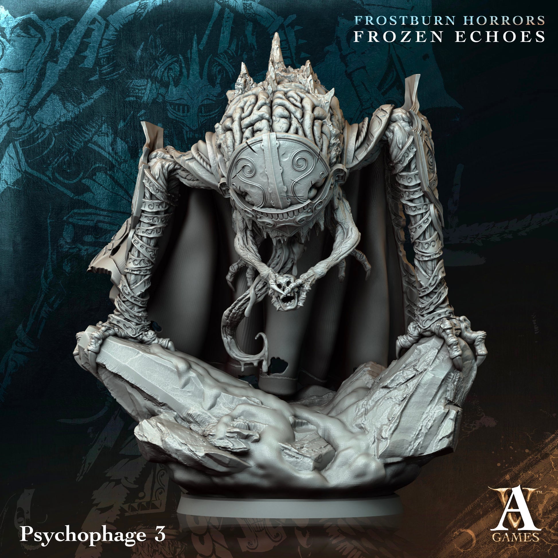 Frostburn Horrors Frozen Echoes Psychophage 3 figurine with dark background.Frostburn Horrors Archvillain Games resin miniature unpainted