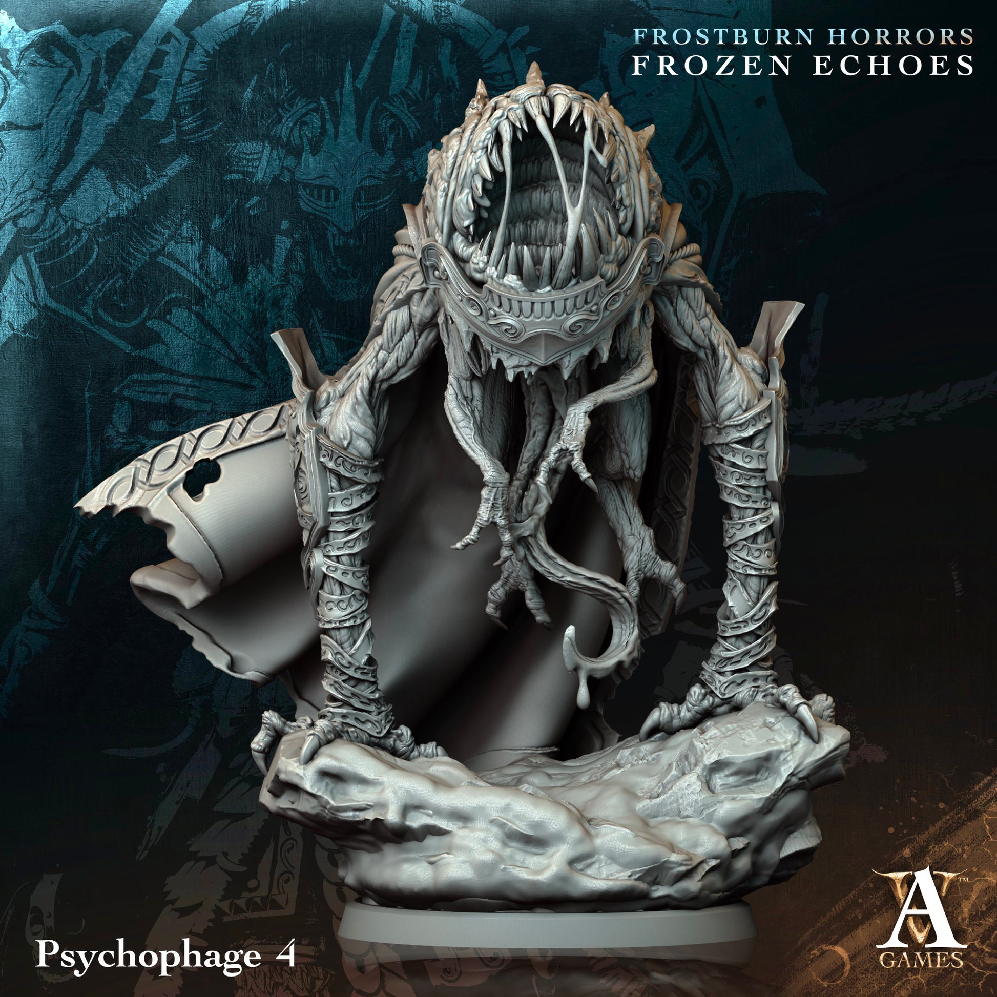 Frostburn Horrors Frozen Echoes Psychophage 4 figurine with detailed design on a dark background.Frostburn Horrors Archvillain Games resin miniature unpainted