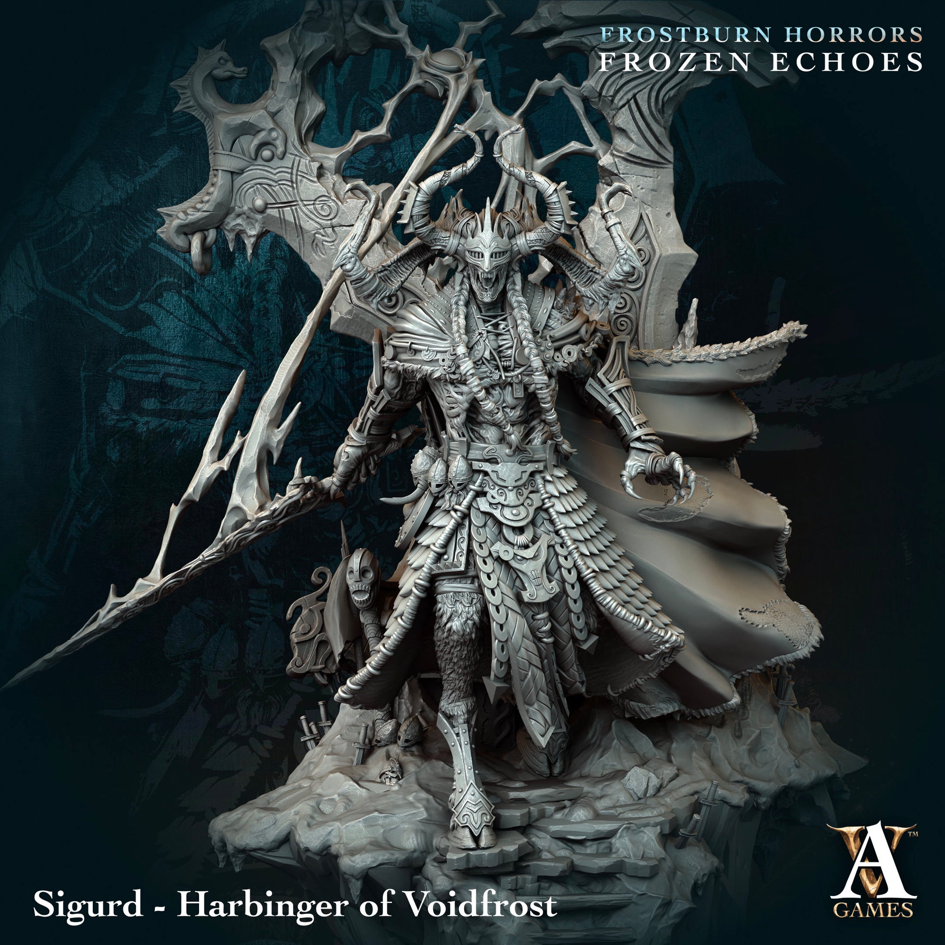 Fantasy figurine of Sigurd, Harbinger of Voidfrost, with detailed armor and weapon, on a dark background.Frostburn Horrors Archvillain Games resin miniature unpainted