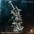 Fantasy figurine with a sword on a dark background, featuring the text 'Frostburn Horrors Frozen Echoes' and 'Sigurd - Harbinger of Voidfrost'.Frostburn Horrors Archvillain Games resin miniature unpainted