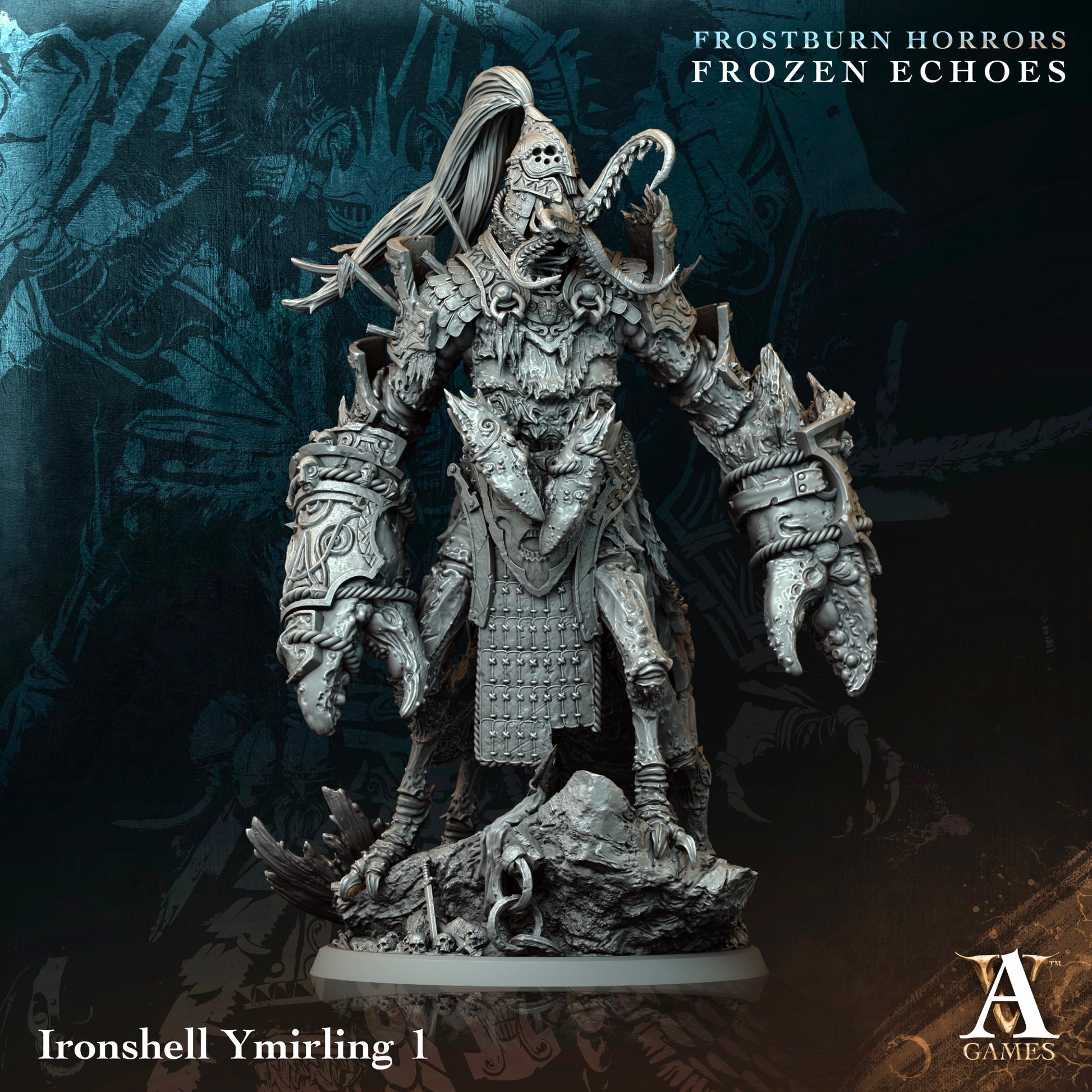 Fantasy figurine with intricate detailing on a dark background, featuring the text 'Frostburn Horrors Frozen Echoes' and 'Ironshell Ymirling I'.Frostburn Horrors Archvillain Games resin miniature unpainted