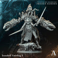 Fantasy figurine with armor and spear on a dark background, featuring 'Ironshell Ymirling 2' and 'A Games' branding.Frostburn Horrors Archvillain Games resin miniature unpainted