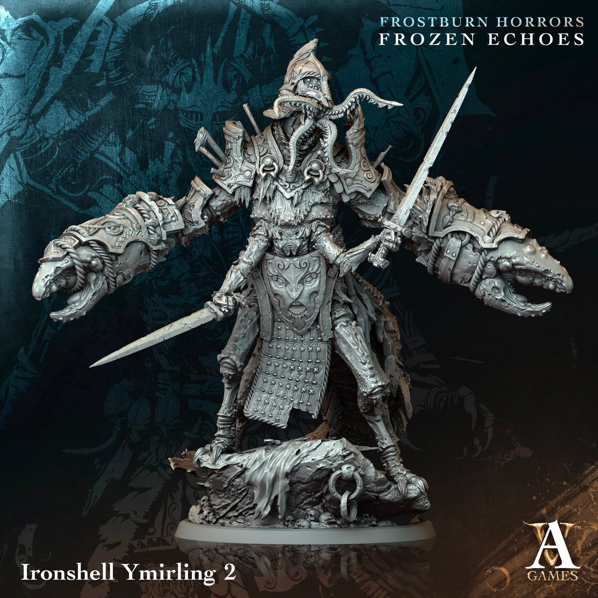 Fantasy figurine with armor and spear on a dark background, featuring 'Ironshell Ymirling 2' and 'A Games' branding.Frostburn Horrors Archvillain Games resin miniature unpainted