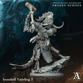 Fantasy figurine with armor and axe on a dark background, featuring 'Frostburn Horrors Frozen Echoes' text.Frostburn Horrors Archvillain Games resin miniature unpainted