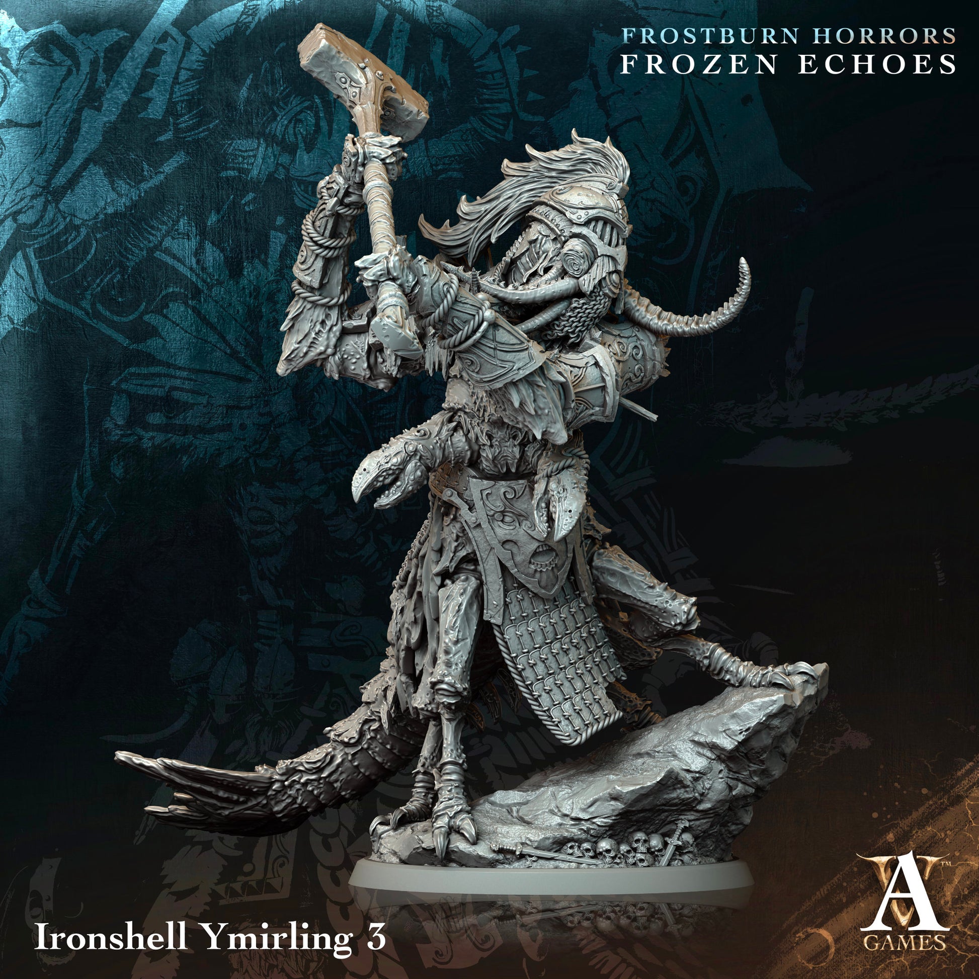 Fantasy figurine with armor and axe on a dark background, featuring 'Frostburn Horrors Frozen Echoes' text.Frostburn Horrors Archvillain Games resin miniature unpainted