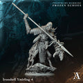 Warrior figurine with spear on a dark background, featuring Ironshell Ymirling 4 and Frostburn Horrors Frozen Echoes text.Frostburn Horrors Archvillain Games resin miniature unpainted