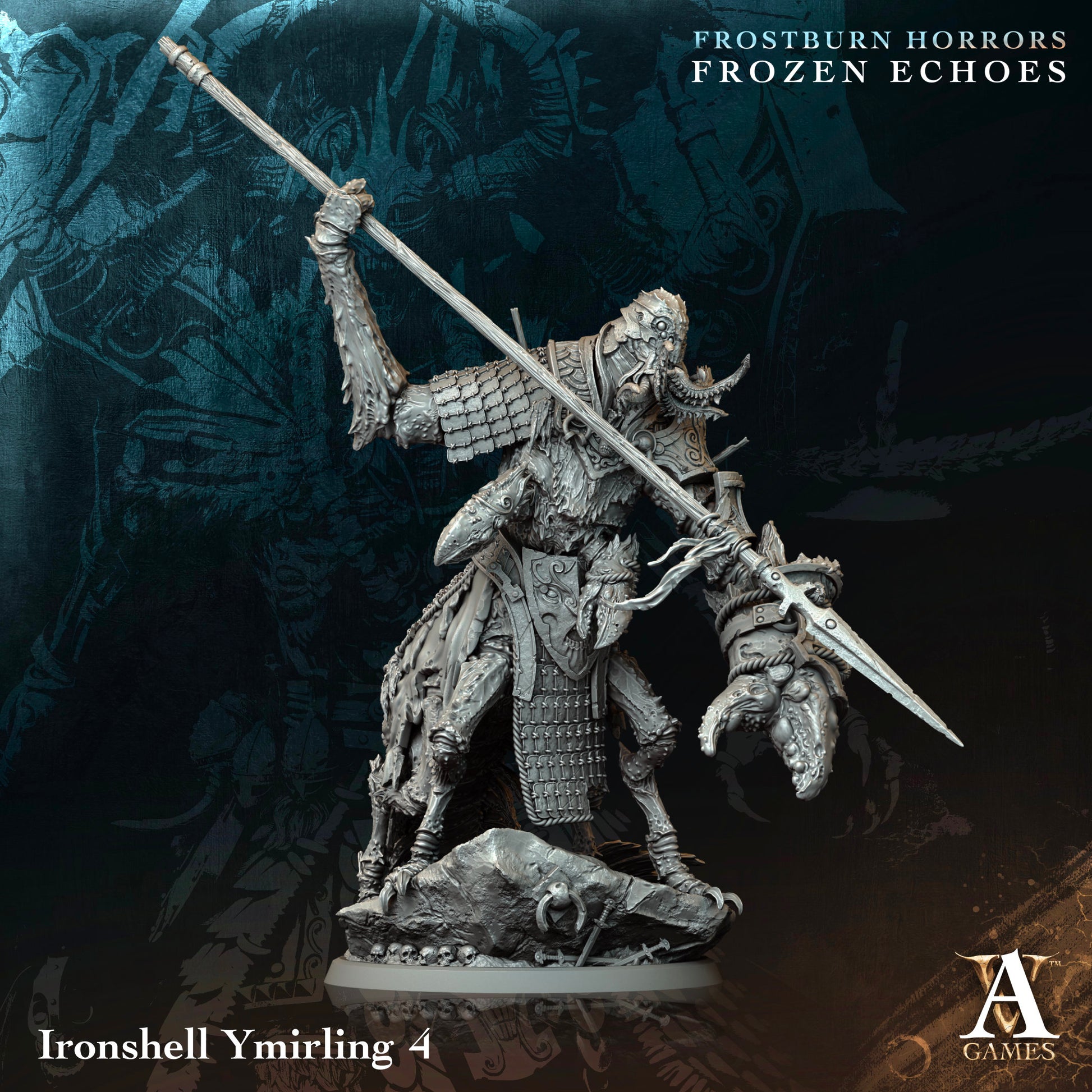 Warrior figurine with spear on a dark background, featuring Ironshell Ymirling 4 and Frostburn Horrors Frozen Echoes text.Frostburn Horrors Archvillain Games resin miniature unpainted