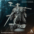Frostbound Drengr figurine from Frostburn Horrors Frozen Echoes with detailed armor and weapons on a dark background.Frostburn Horrors Archvillain Games resin miniature unpainted