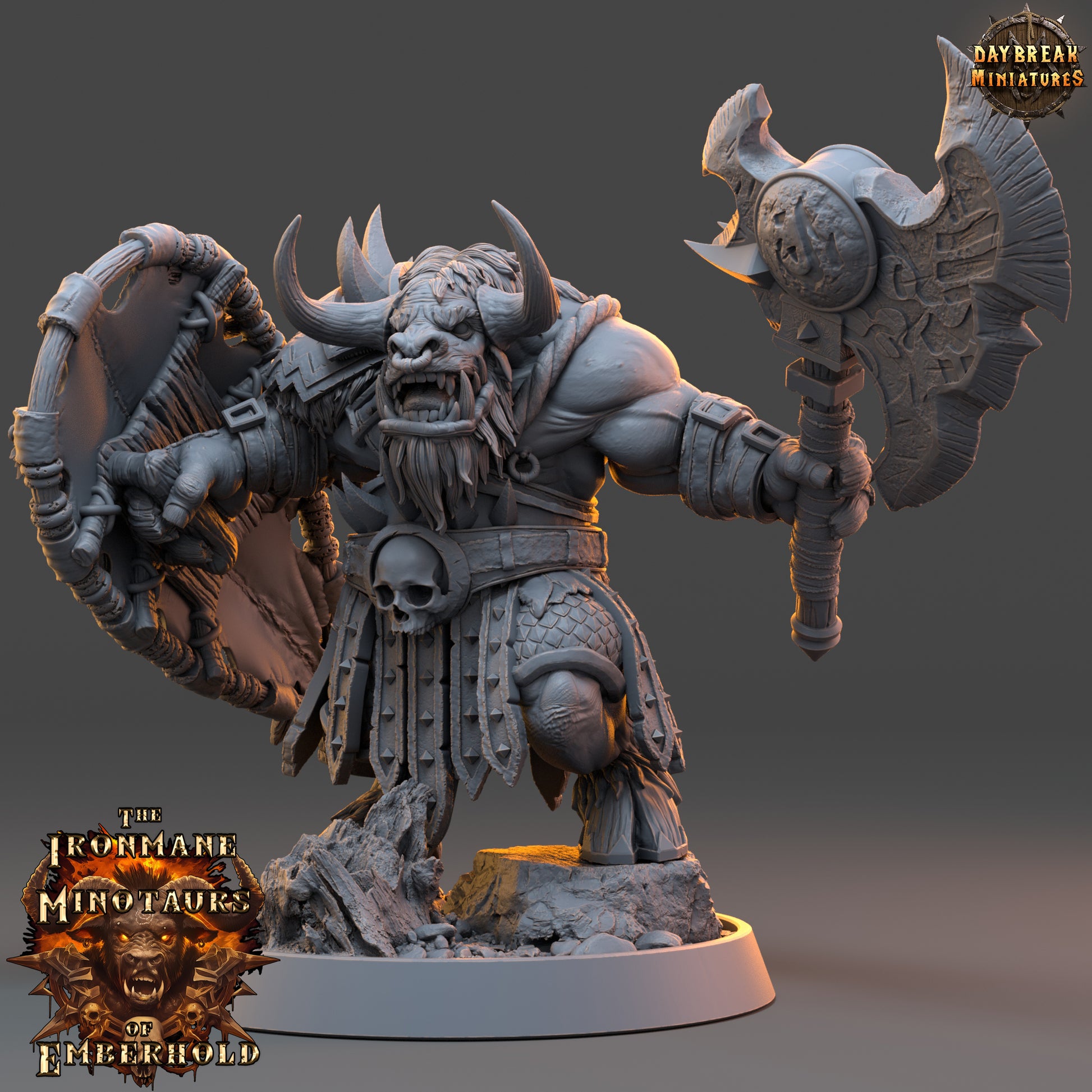 Minature figure of a warrior with armor and weapon on a gray background, featuring 'Daybreak Miniatures' branding.Ironmane Minotaurs miniature