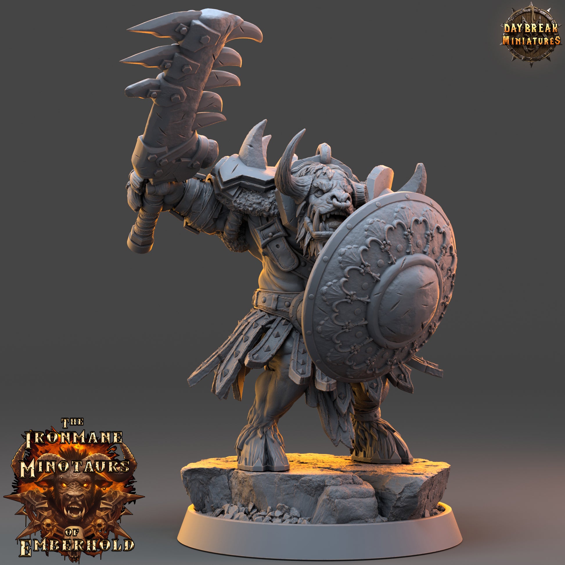 Minisature figurine of a warrior with armor and weapon on a gray background, featuring Daybreak Miniatures branding.Ironmane Minotaurs miniature