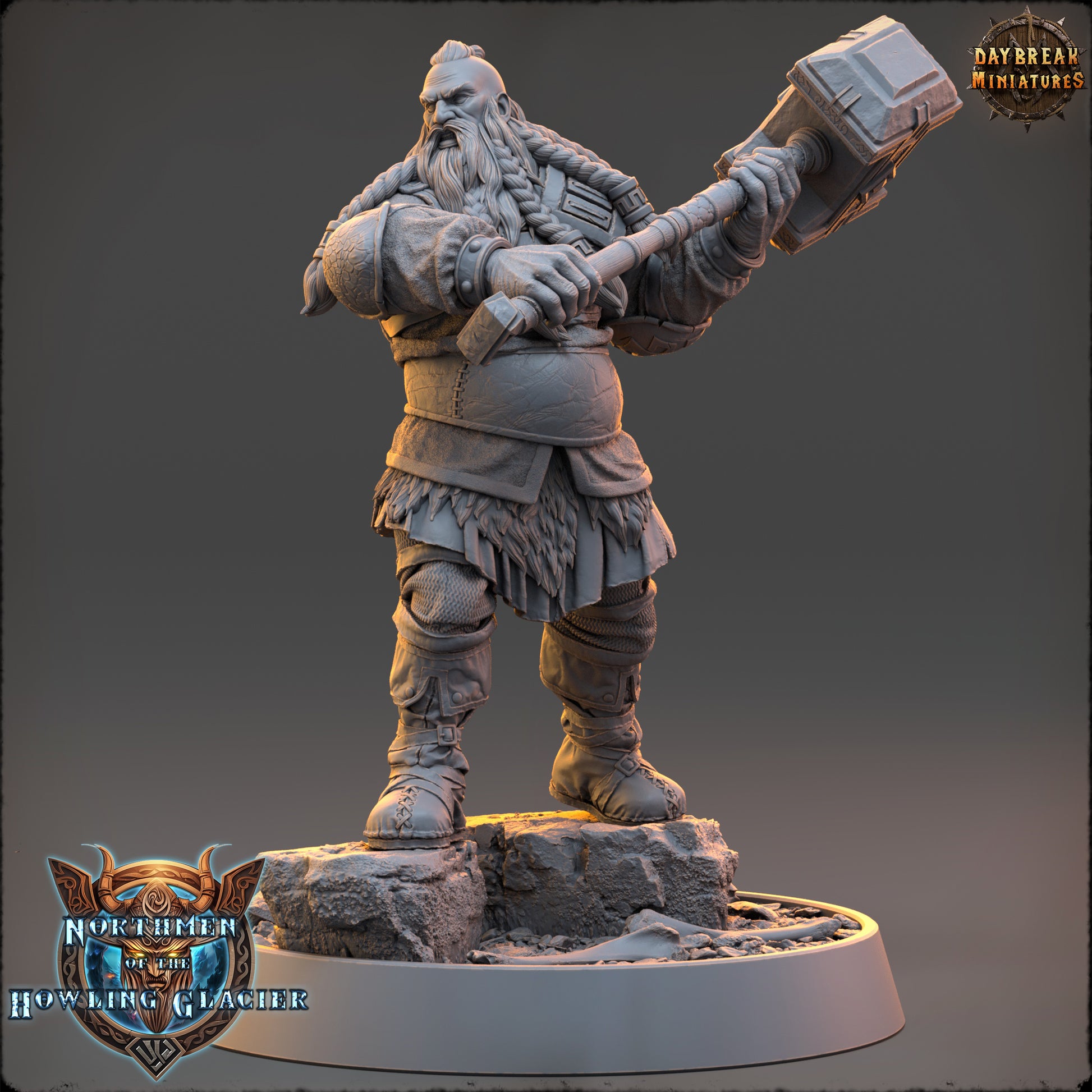 Minisculpture of a bearded warrior holding a hammer on a gray background with 'Daybreak Miniatures' branding.