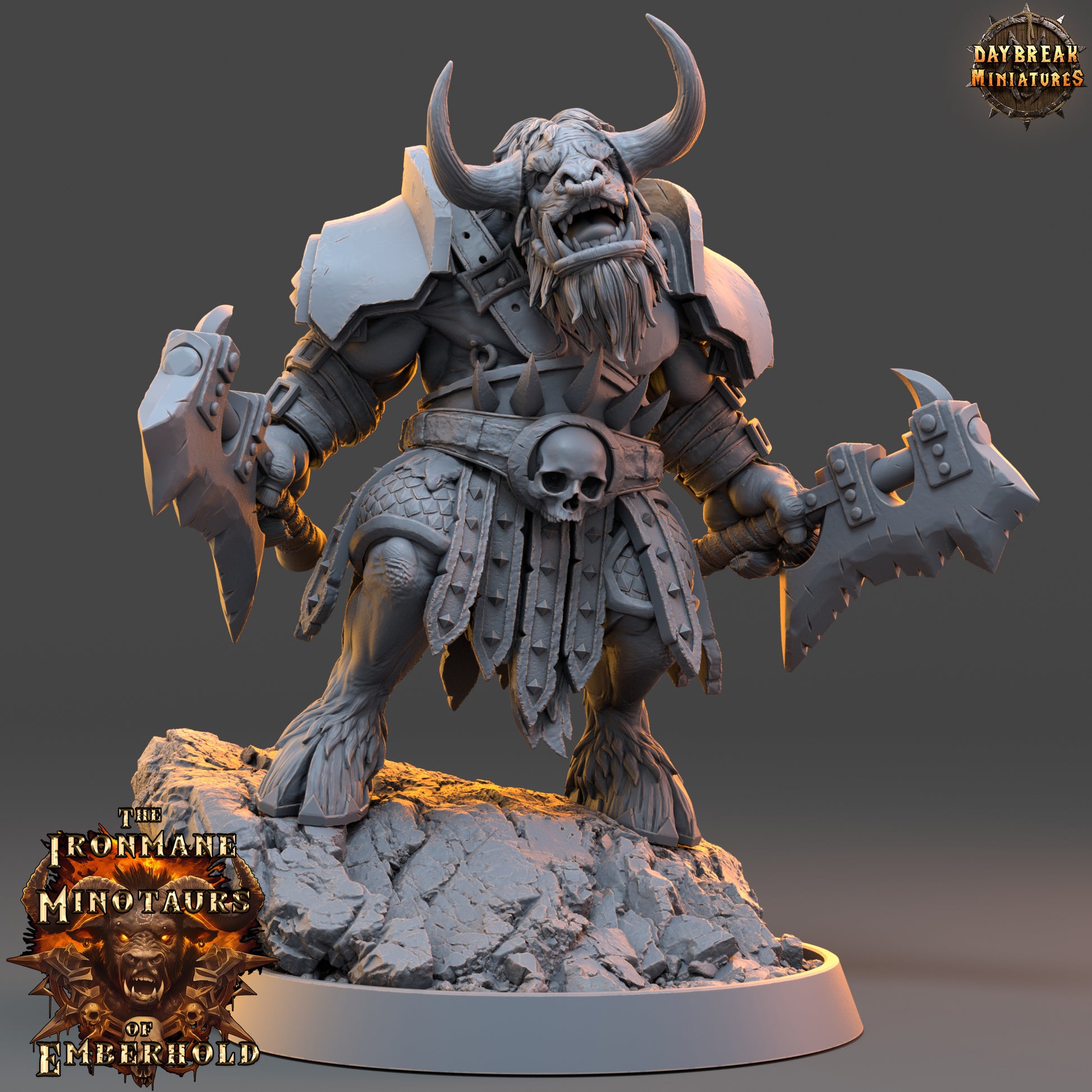 Minisature figure of a warrior with horns and armor on a gray background