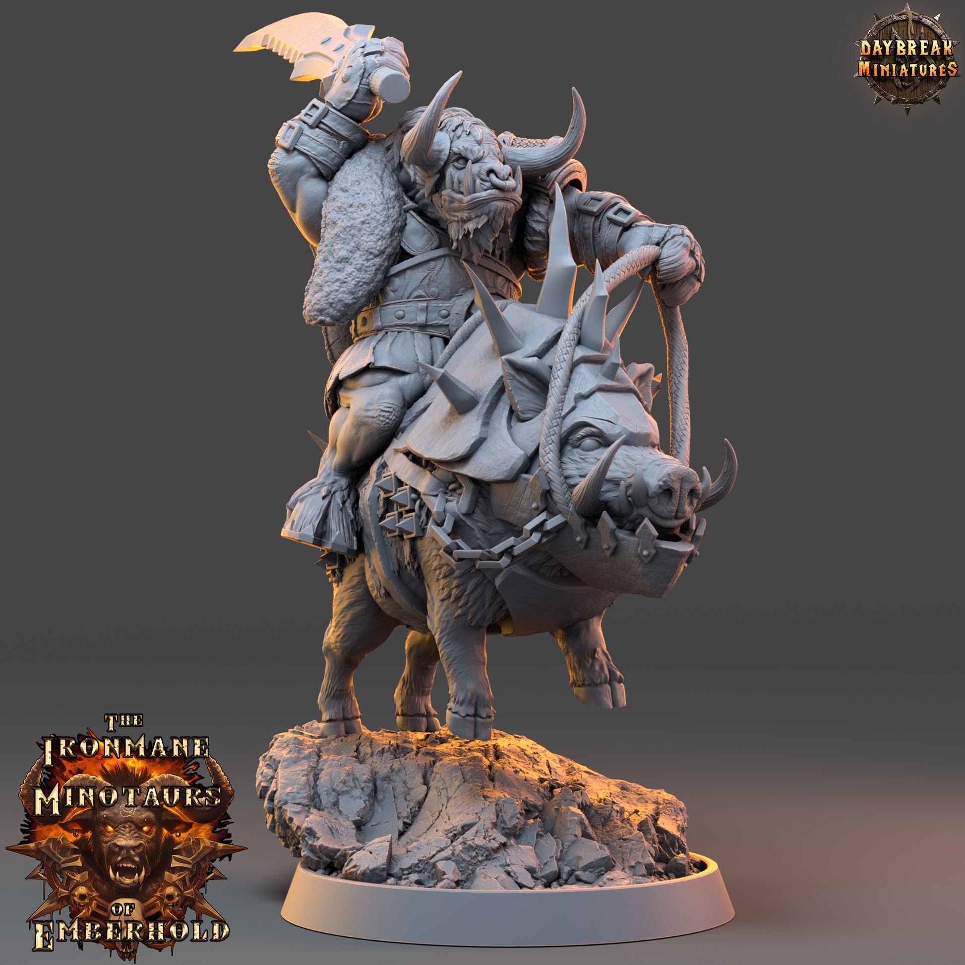 Minature figurine of a warrior on a bull with 'Daybreak Miniatures' branding.Ironmane Minotaurs miniature