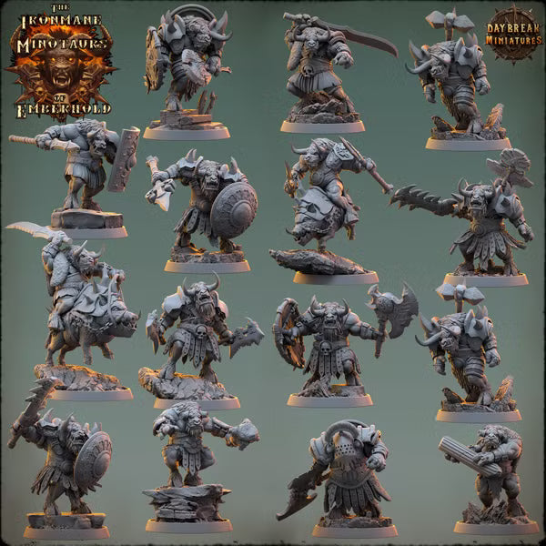 Collection of fantasy miniatures on a gray background.Ironmane Minotaurs miniature
