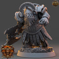 Minisature figure of a warrior with armor and weapon on a gray background, featuring 'Daybreak Miniatures' logo.