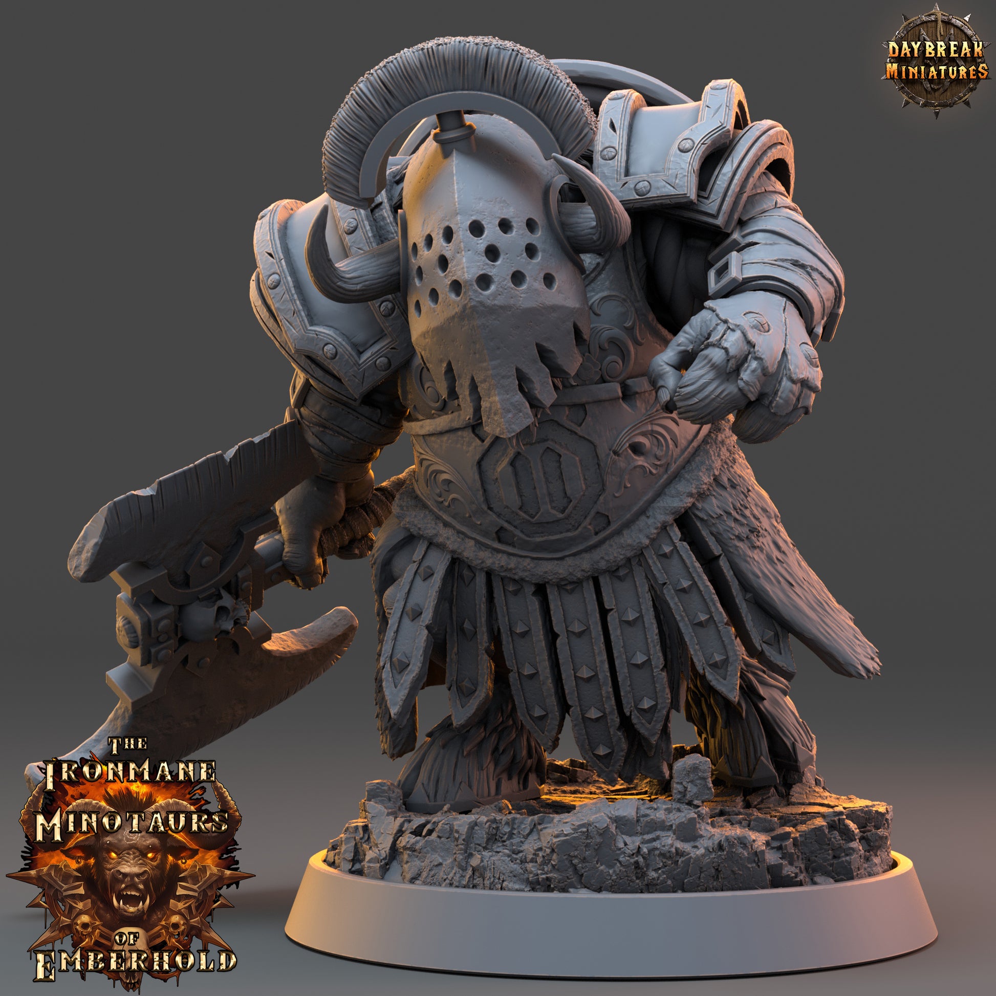 Minisature figure of a warrior with armor and weapon on a gray background, featuring 'Daybreak Miniatures' logo.