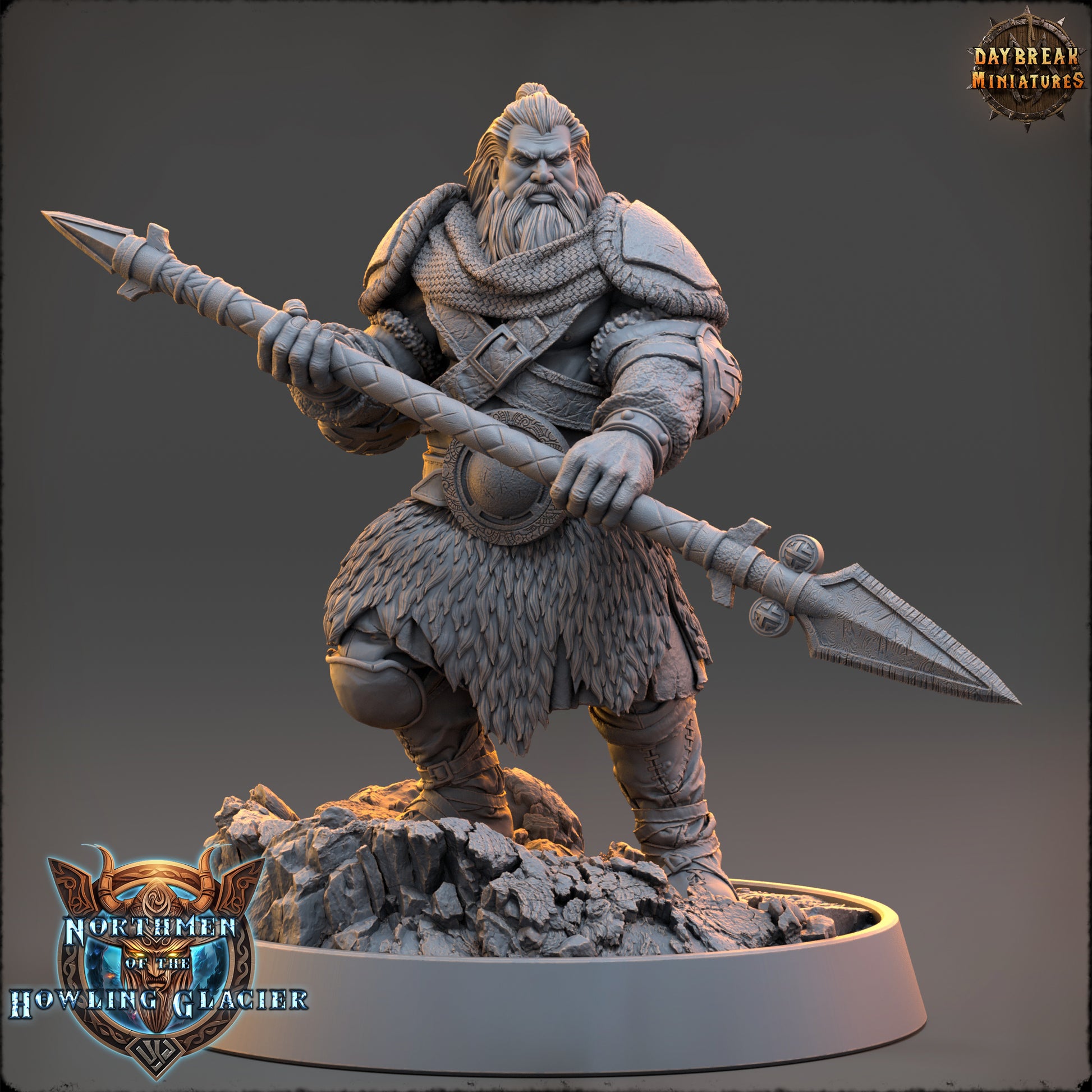 Minisature figure of a warrior with armor and spear on a gray background