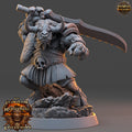 Minisature figurine of a warrior with a large axe, branded 'Daybreak Miniatures'.Ironmane Minotaurs miniature